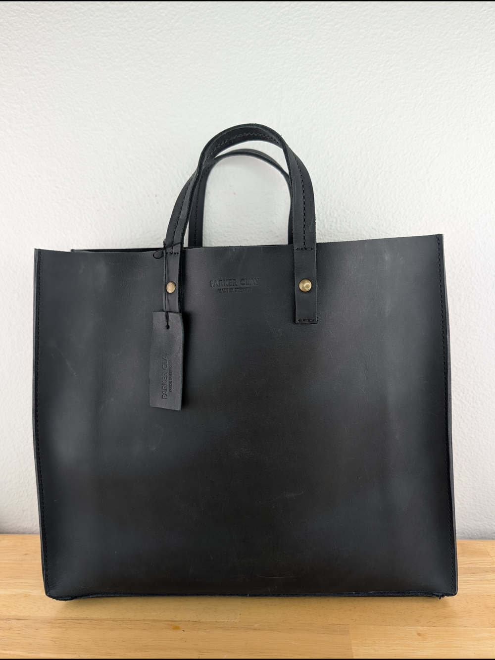 Parker Clay Merkato Shopper Black Leather Brief Tote Bag Brass Toned Stud Detail